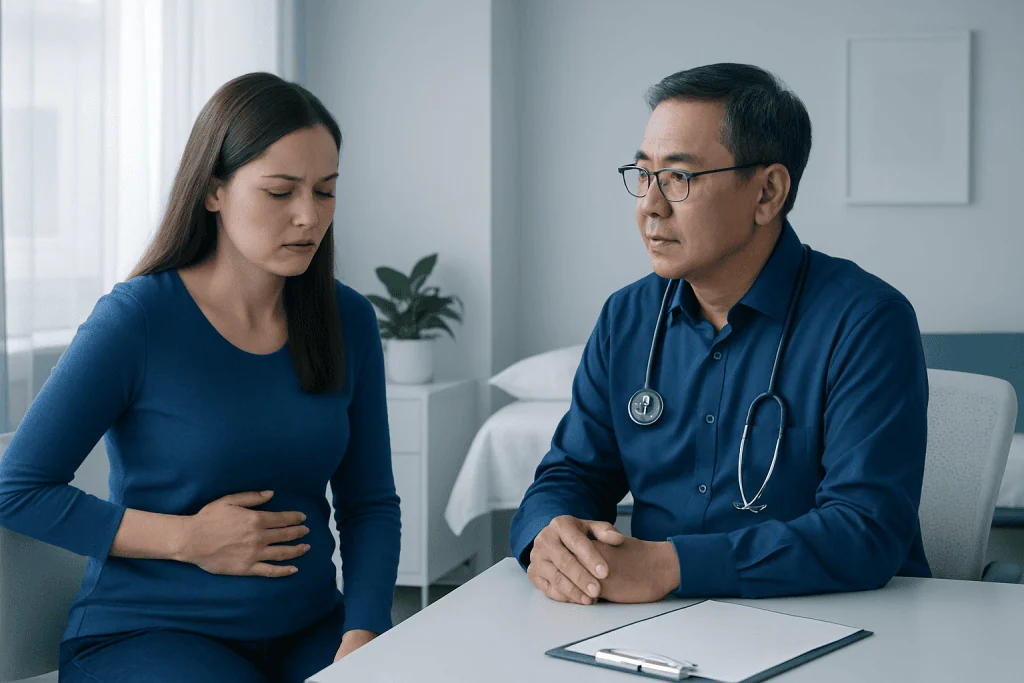 Doctor consulting with a woman patient about stomach pain in a clinic setting.