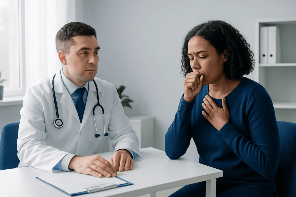 Doctor consulting with a patient about health concerns in a medical office.