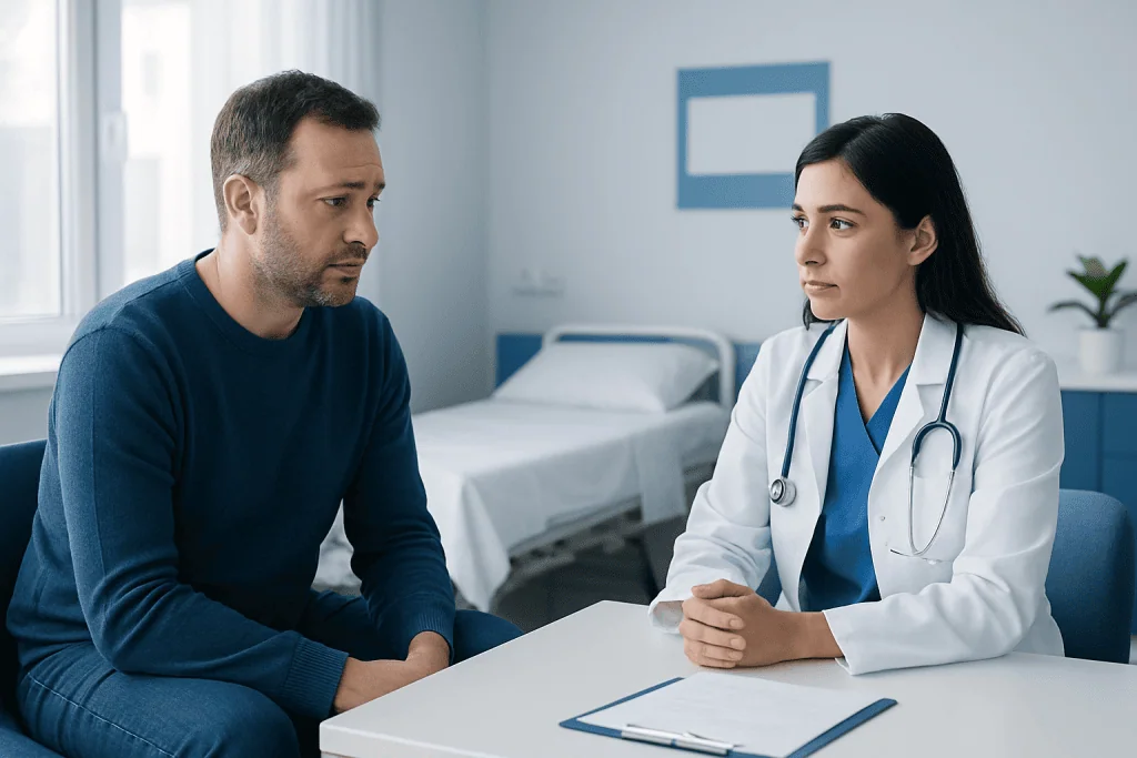 Doctor consulting with male patient in hospital room.