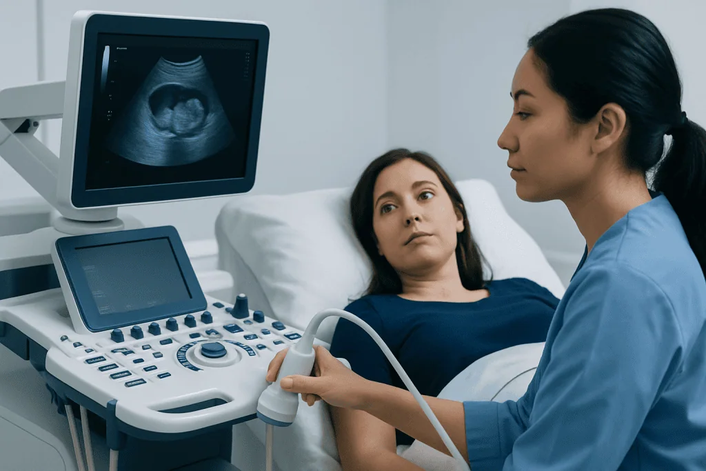 Medical professional performing an ultrasound on a patient in a hospital room.