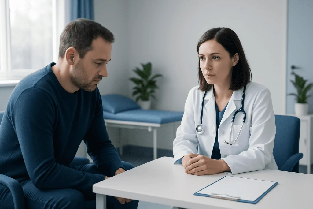 Doctor consulting with a patient in a medical office setting.