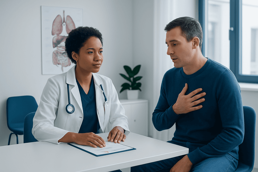Doctor consulting with patient in a medical office setting.