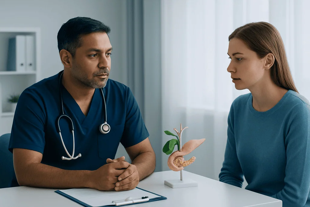 Doctor explaining hepatopancreatic anatomy to patient with model.
