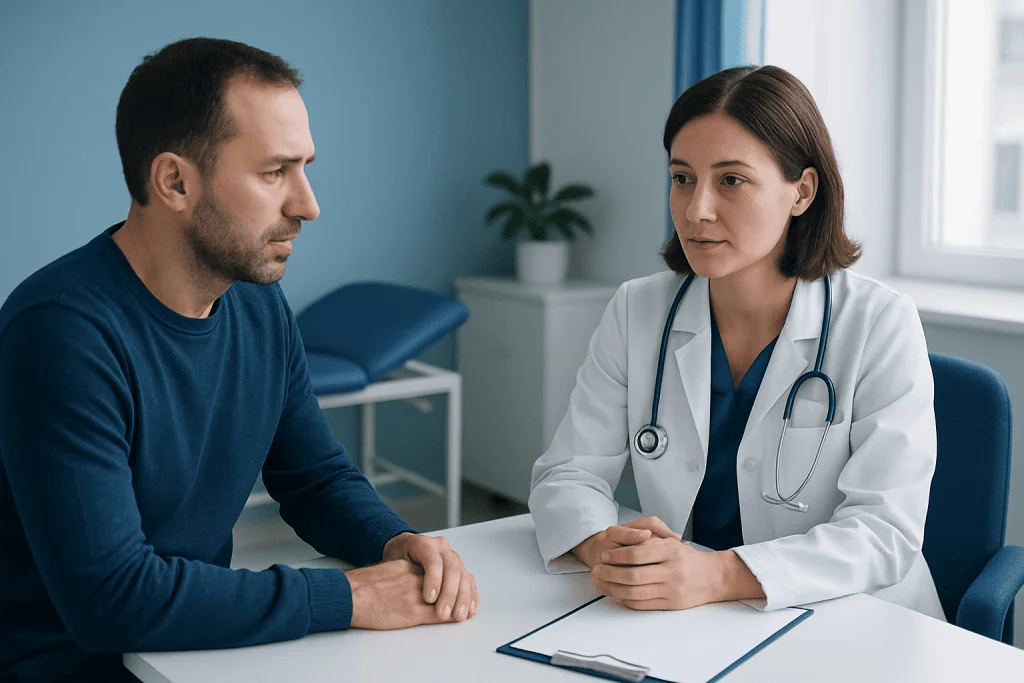 Doctor consulting with a male patient in a medical office.