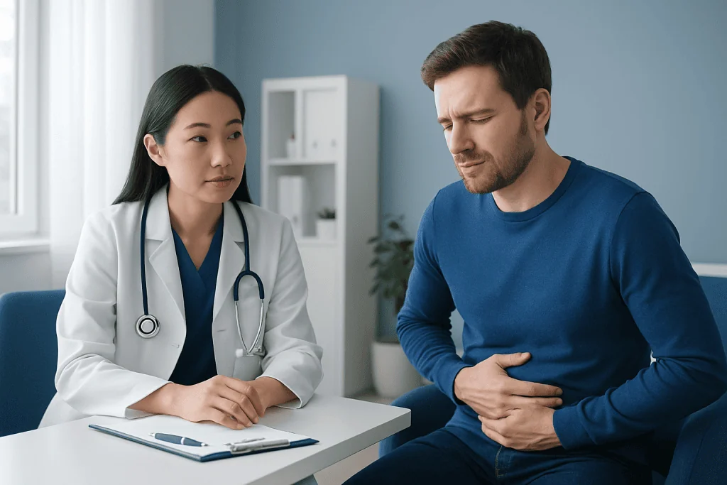 Doctor consulting with patient about digestive health issues.