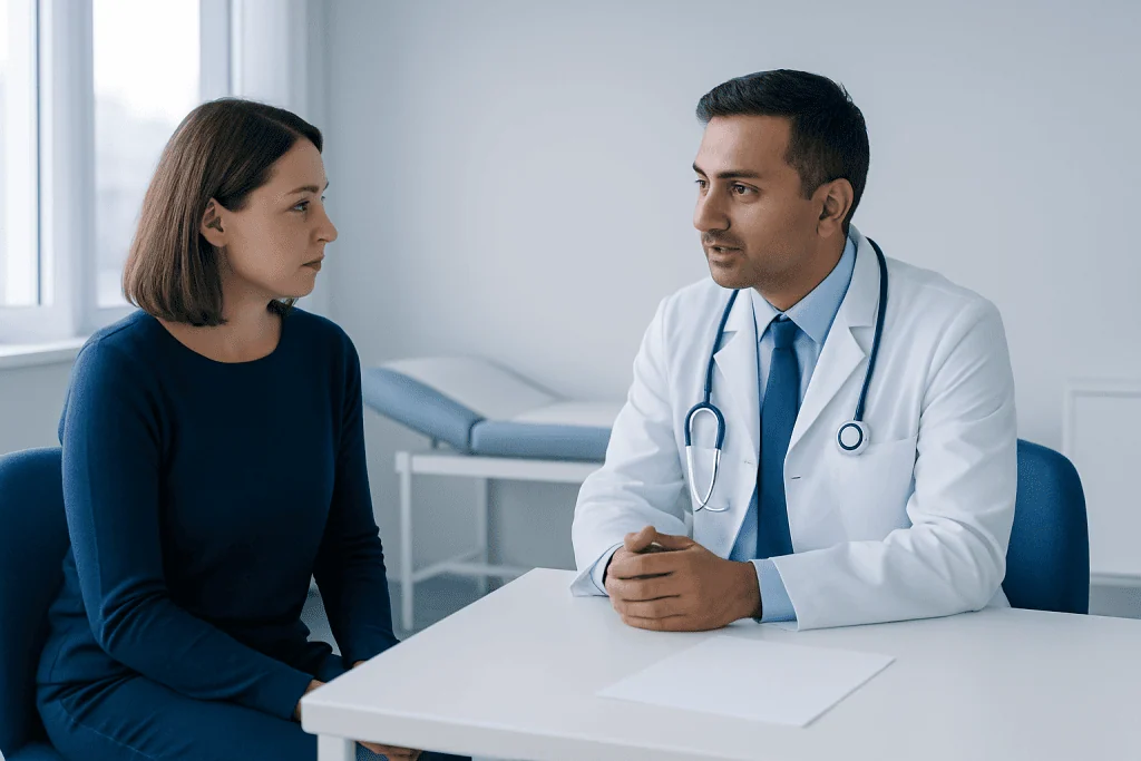 Doctor consulting with a female patient in a medical office setting.