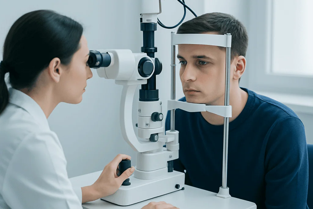 Optometrist examines patient's eyes with slit lamp in clinic.