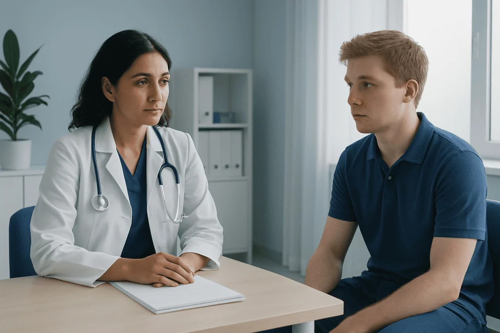 Doctor consulting with a young male patient in a medical office.