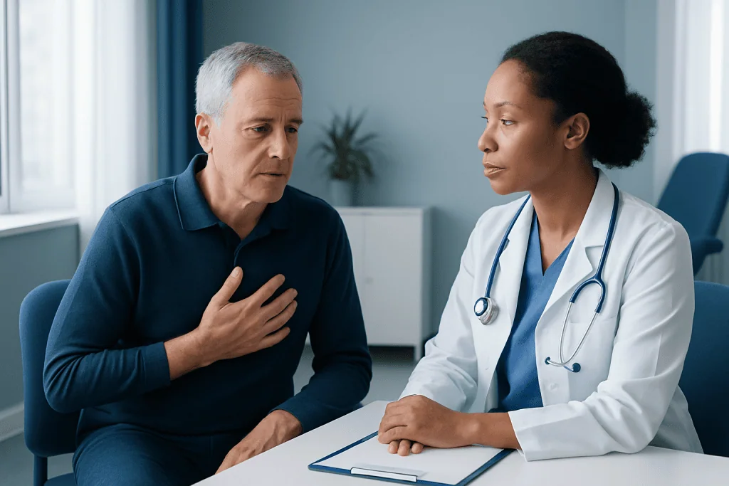 Doctor consulting with a patient about heart health in a medical office.