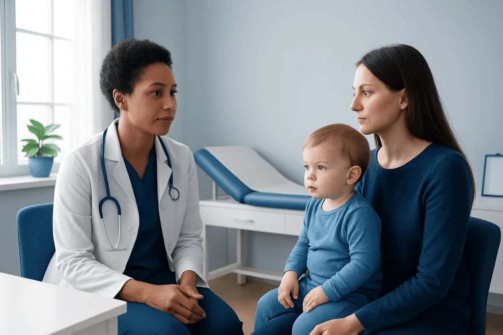 Pediatric consultation at Acibadem Hospital with doctor and mother.