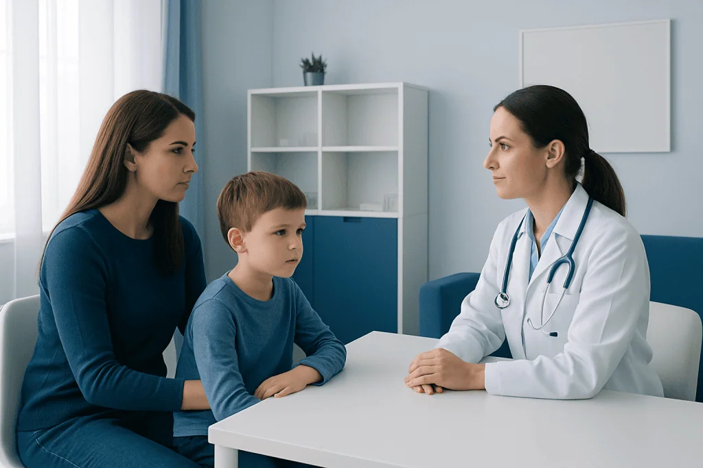 Doctor consulting with mother and child in a medical office.