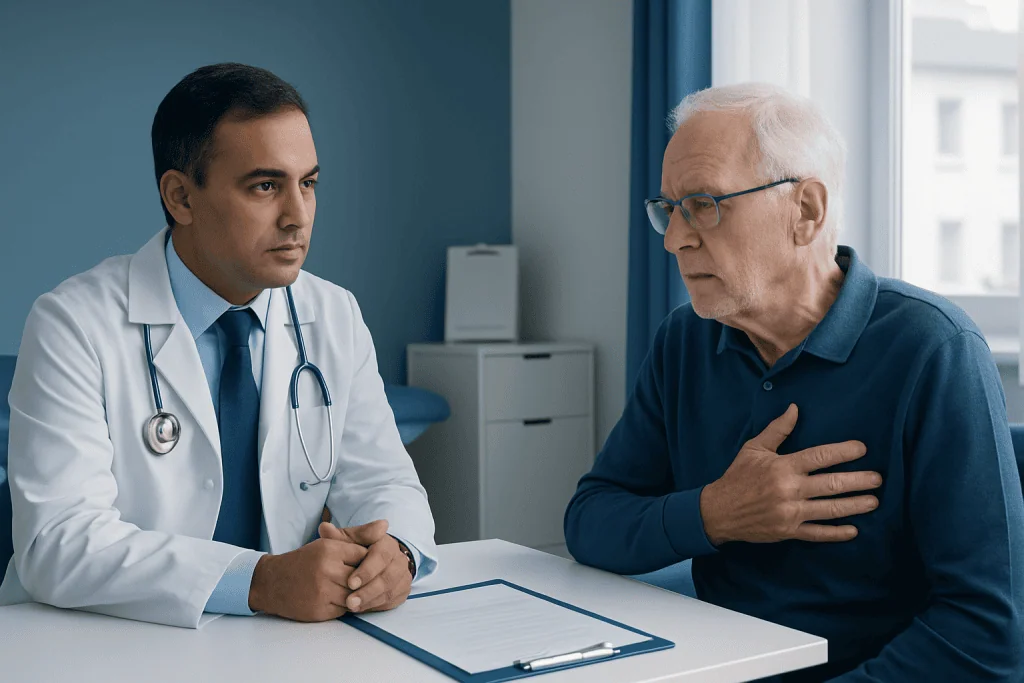 Doctor consulting with an elderly patient in a medical office.