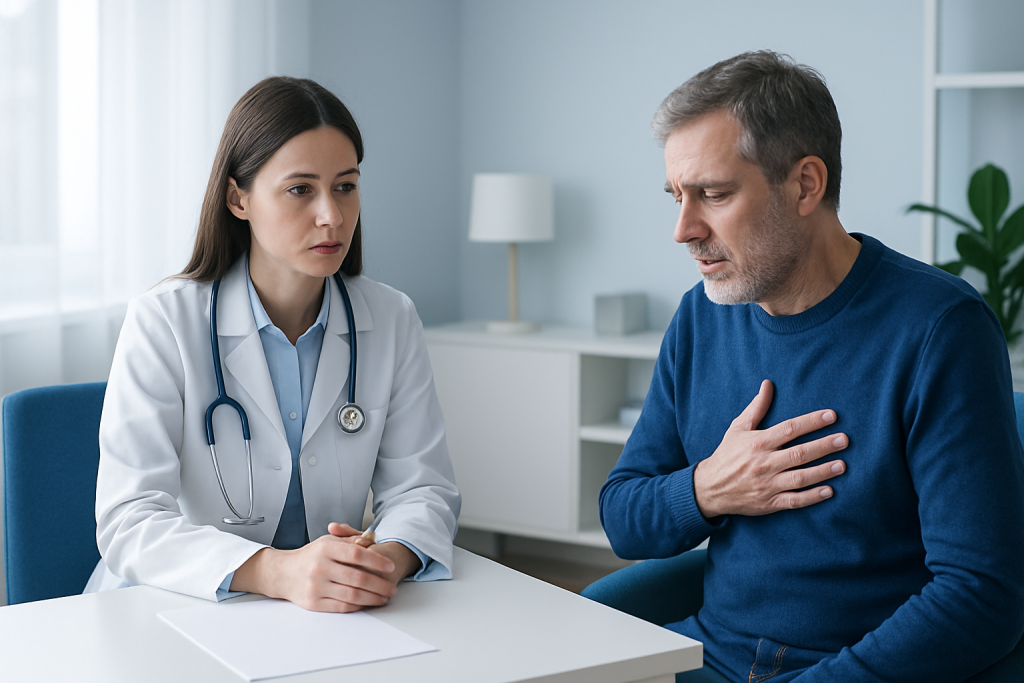 Doctor consulting with a patient about health concerns in a medical office.