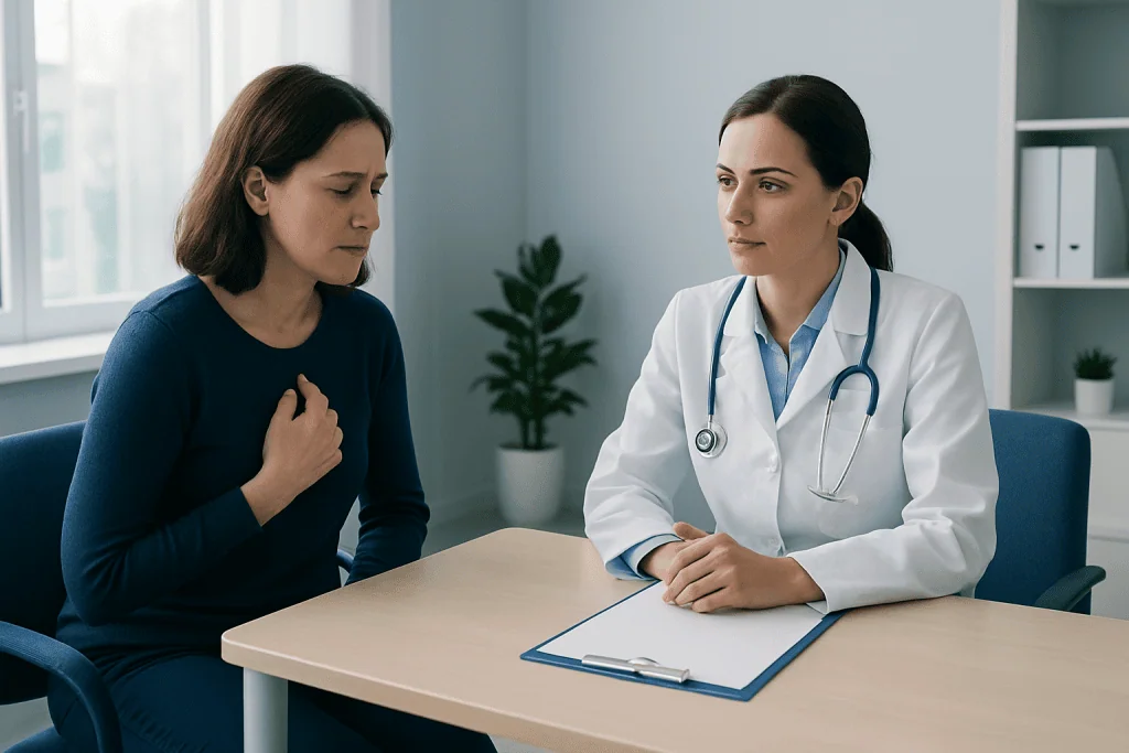Doctor consulting with a patient about heart health in a clinic setting.