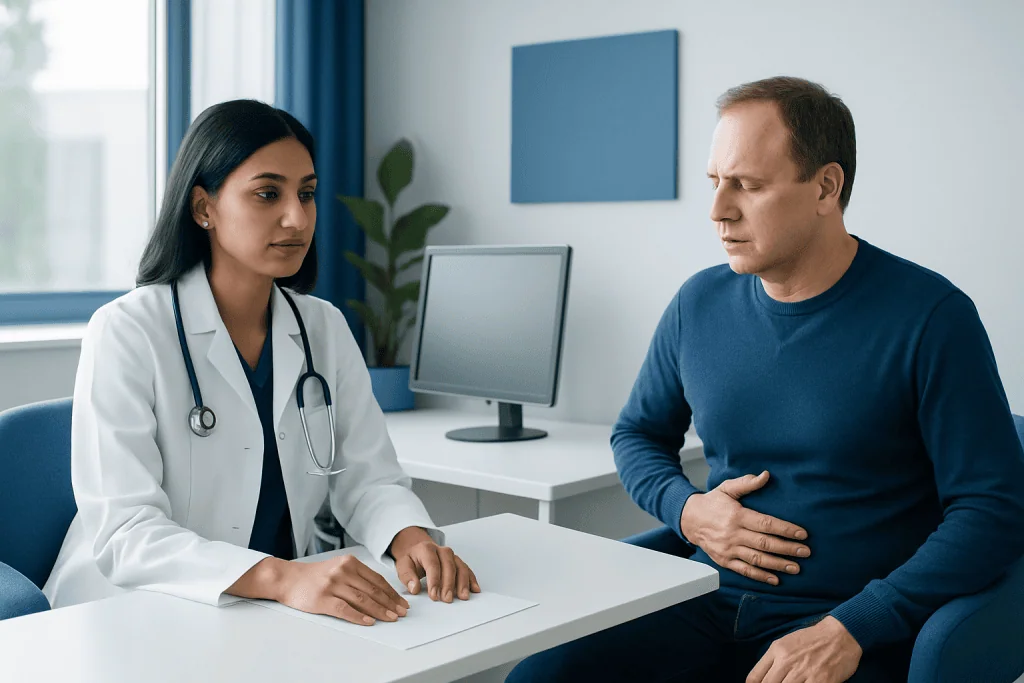 Doctor consulting with male patient about health concerns in clinic.