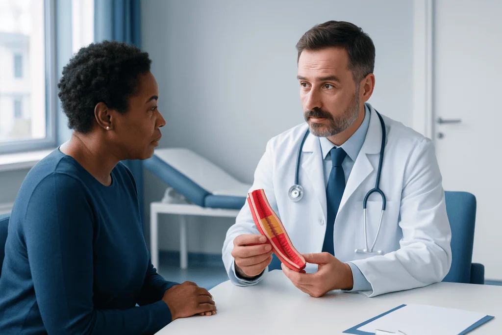 Doctor explaining atherosclerosis to a patient with a model of blood vessels.