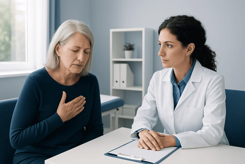 Doctor consulting with a patient experiencing chest pain in a medical office.