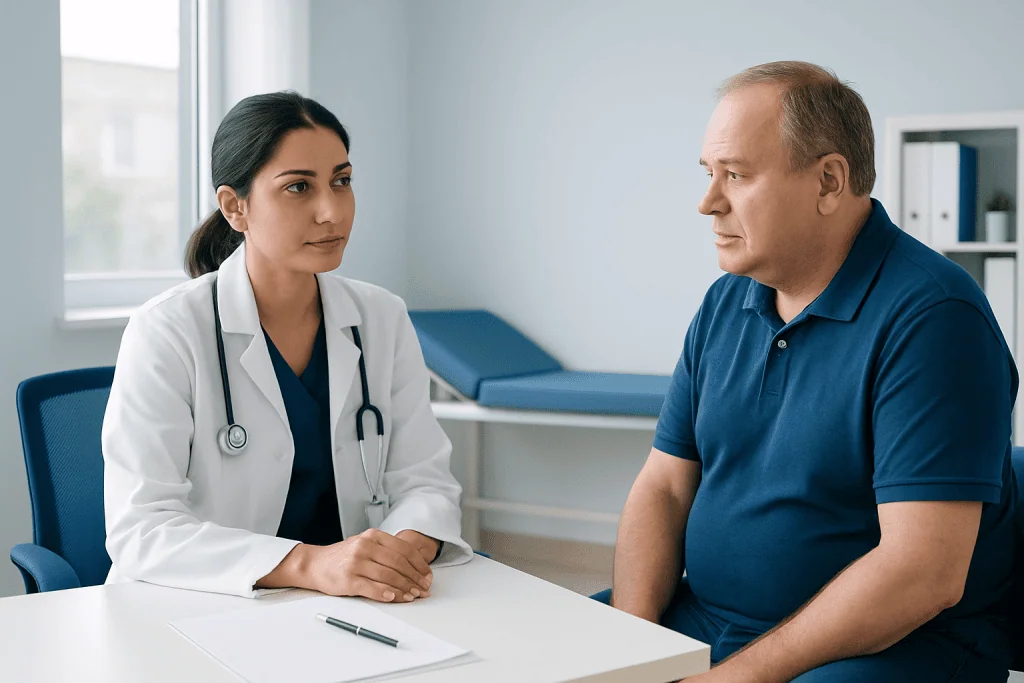 Doctor consulting with a male patient in a medical office setting.