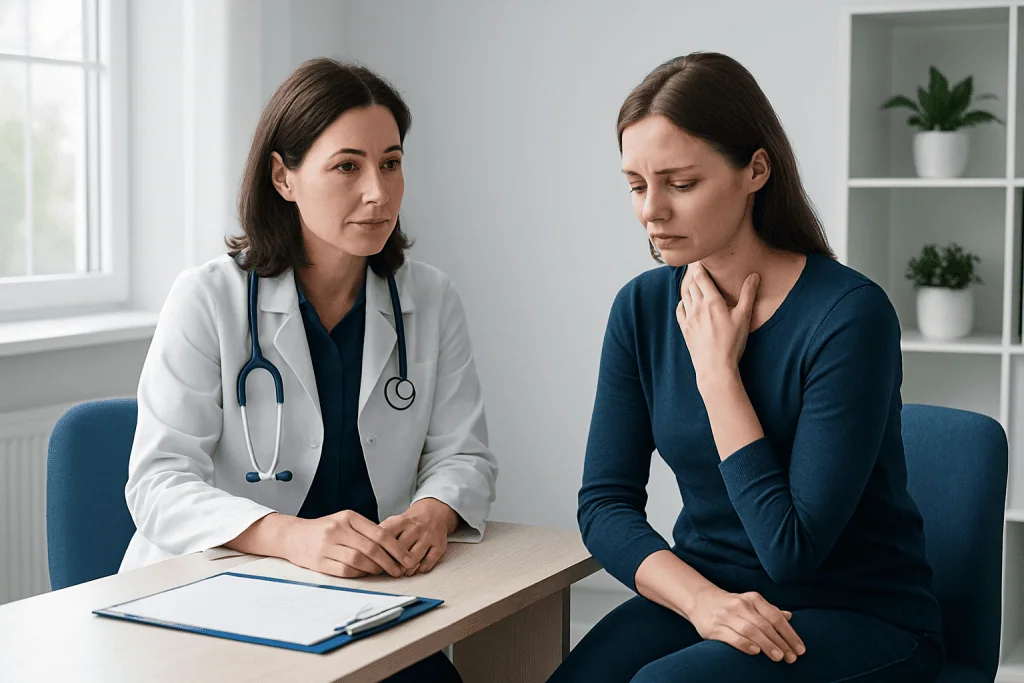 Doctor consulting with a patient about health concerns in a medical office.