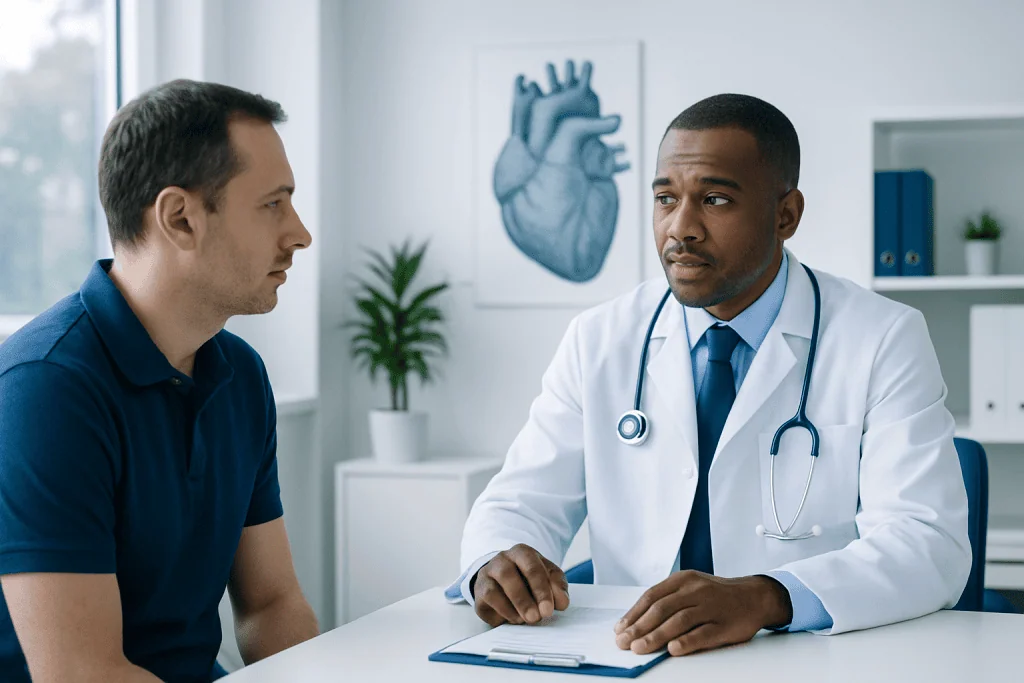 Doctor consulting with patient about heart health in a medical office.