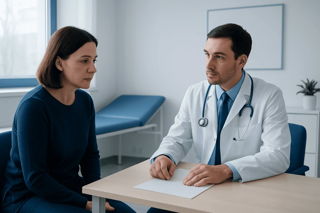 Doctor consulting with a female patient in a modern medical office.