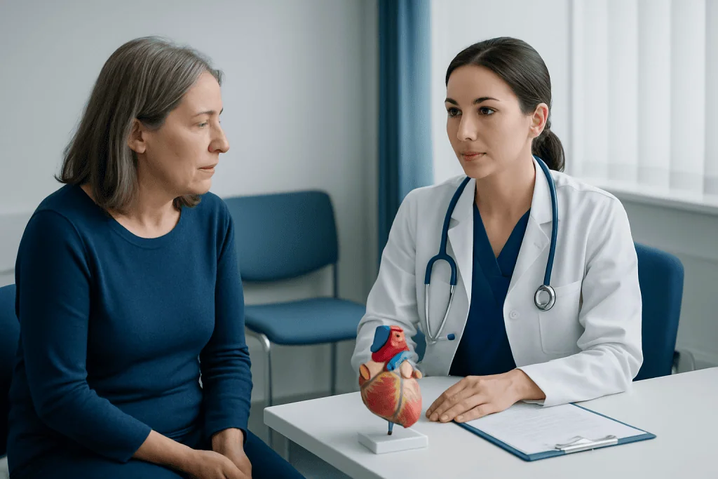 Doctor explaining heart health to a patient in a medical consultation.