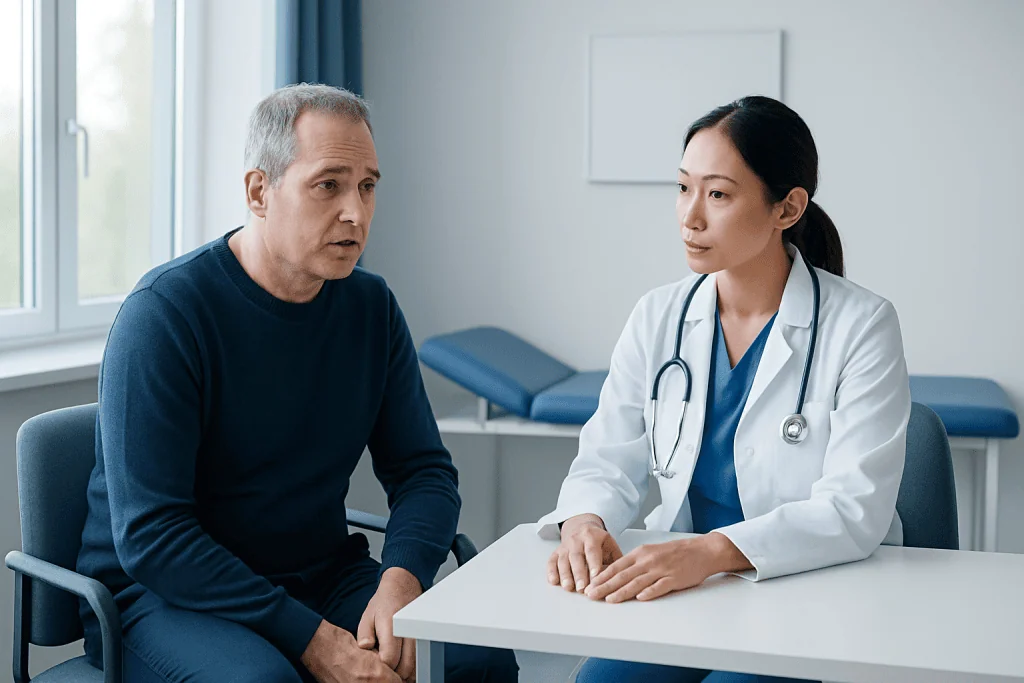 Doctor consulting with a male patient in a hospital room.