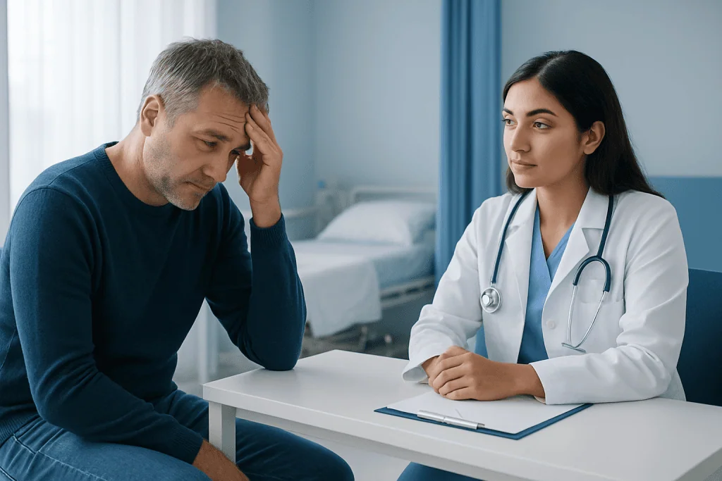 Patient consulting with doctor in hospital room.