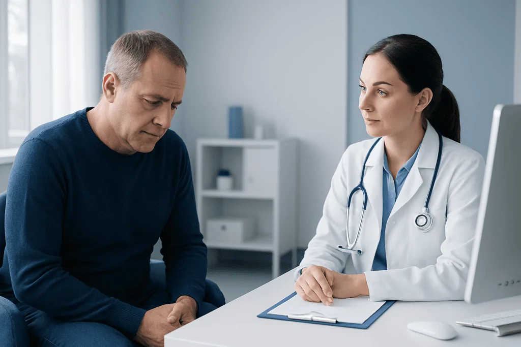 Doctor consulting with a male patient in a medical office.