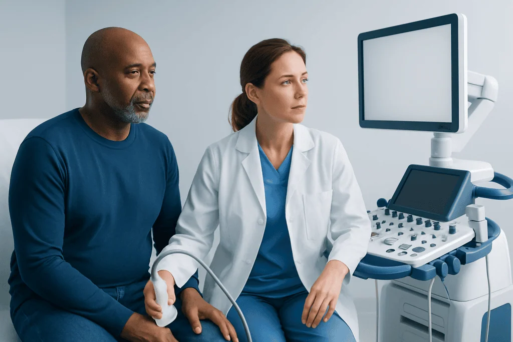 Doctor performing an ultrasound examination on a patient in a clinical setting.