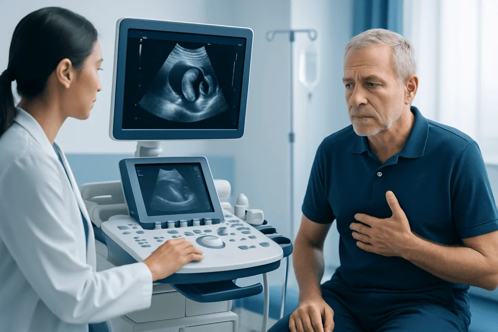 Doctor explaining ultrasound results to a patient in a medical clinic.