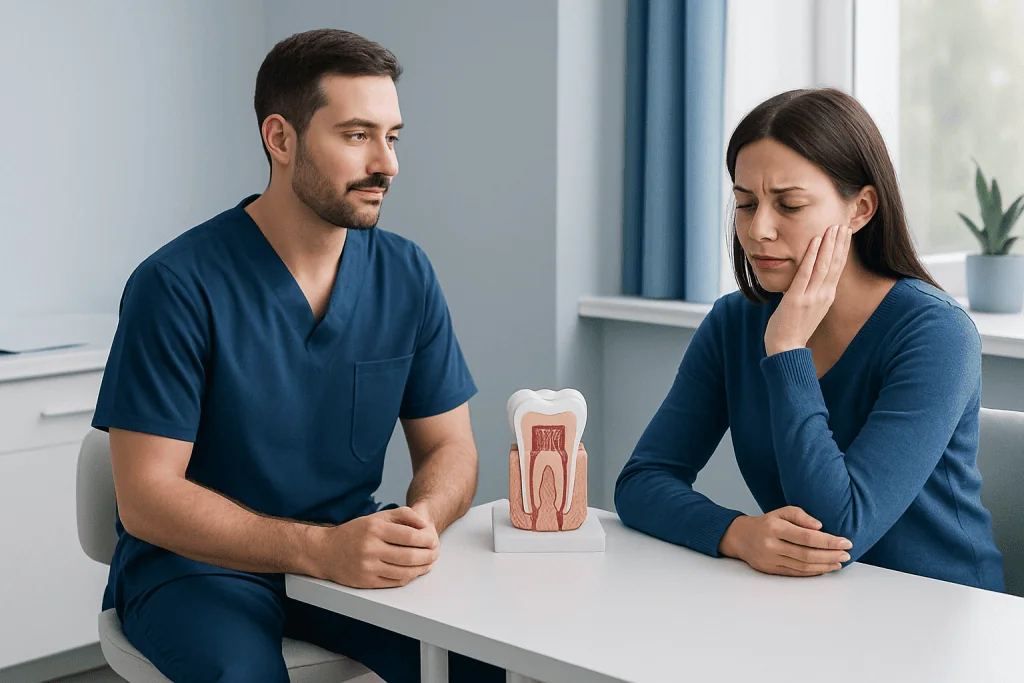 Endodontist explaining root canal treatment to a patient with dental model.