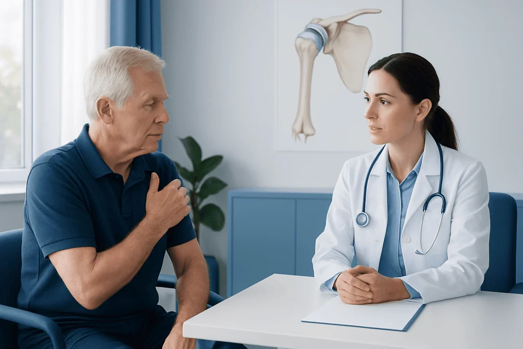 Doctor consulting with senior male patient about shoulder health.