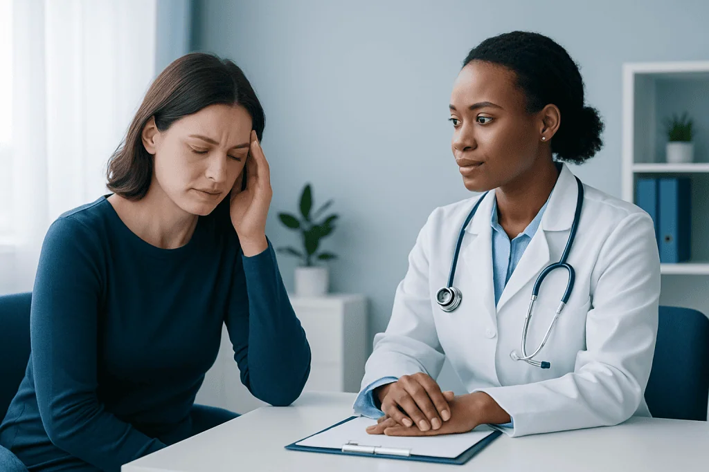 Doctor consulting with a patient experiencing headache or stress.