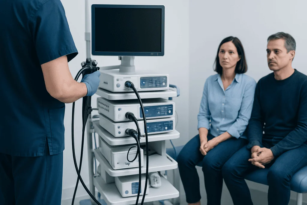 Medical professional preparing endoscopy equipment for patient examination.