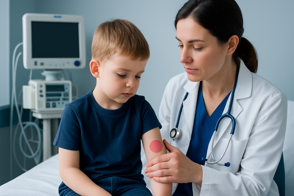 Doctor examining a child's arm with a rash in a hospital setting.