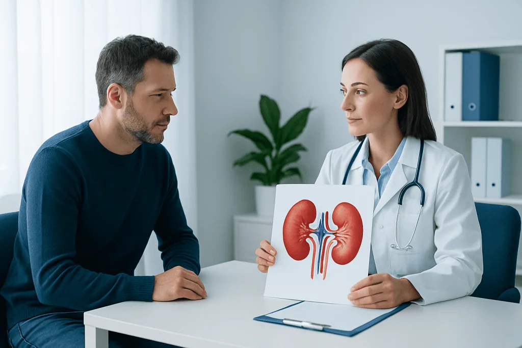 Doctor explaining kidney health to patient with kidney diagram.
