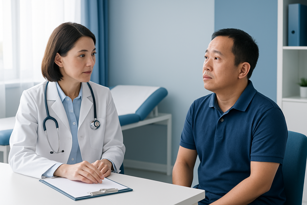 Doctor consulting with male patient in a medical office.