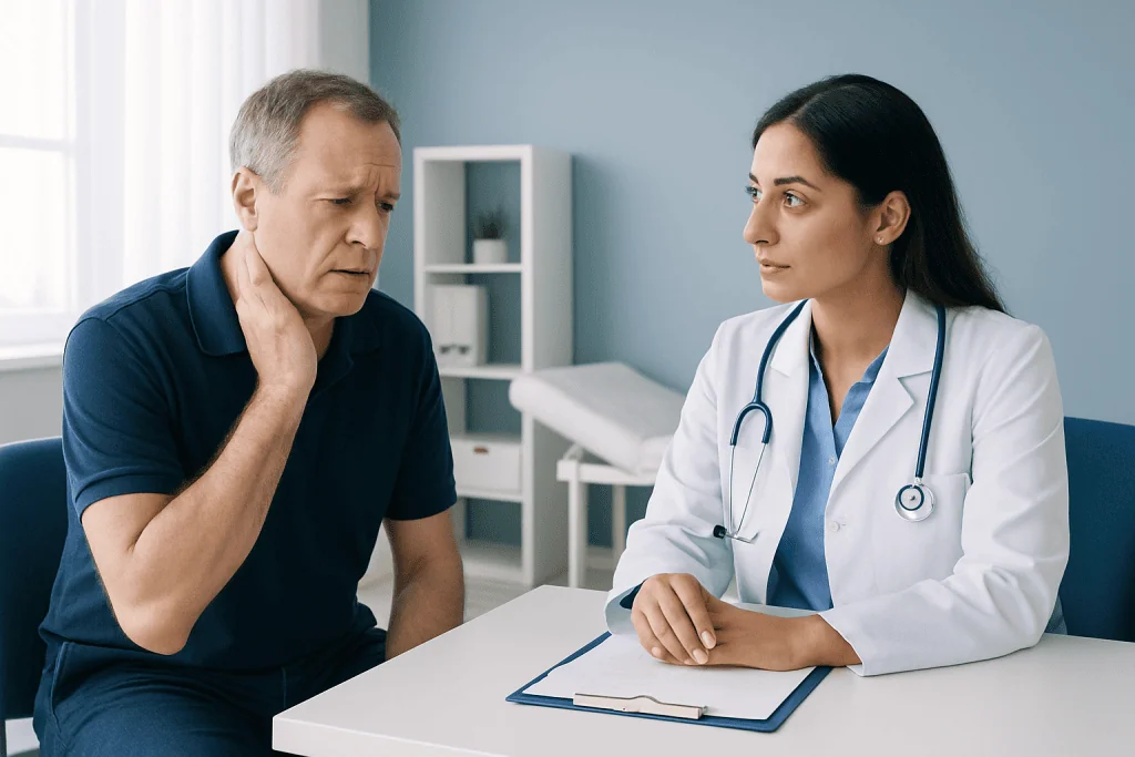 Doctor consulting with a patient about neck pain in a medical office.