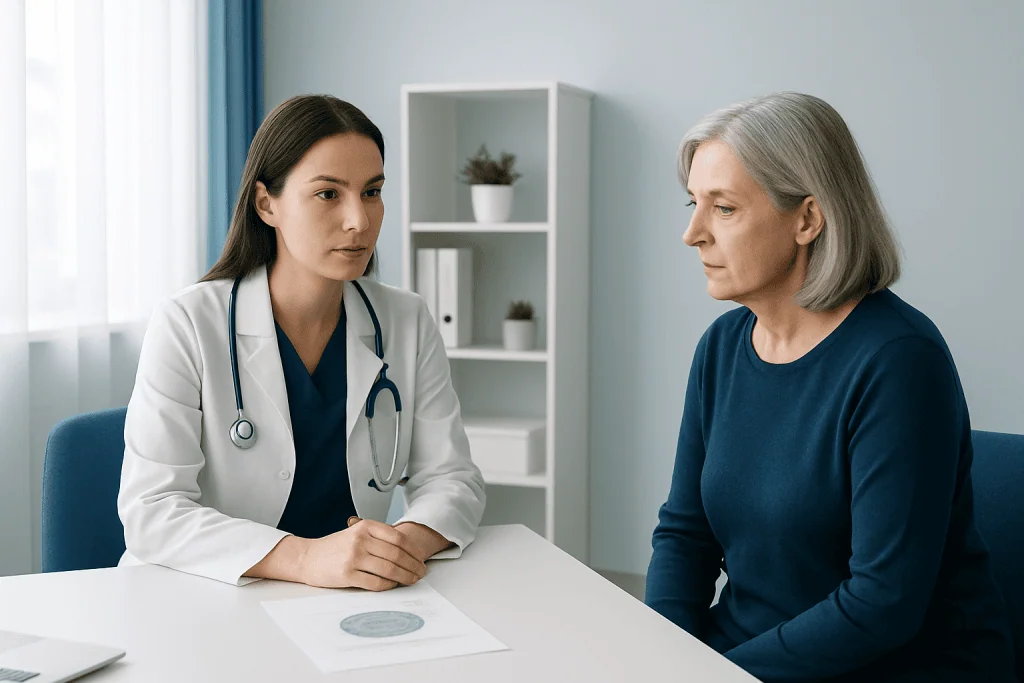 Doctor consulting with an older female patient in a medical office.