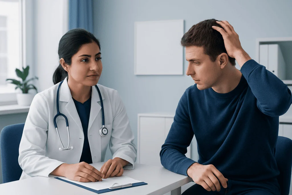 Doctor consulting with a male patient about health concerns in a clinic setting.
