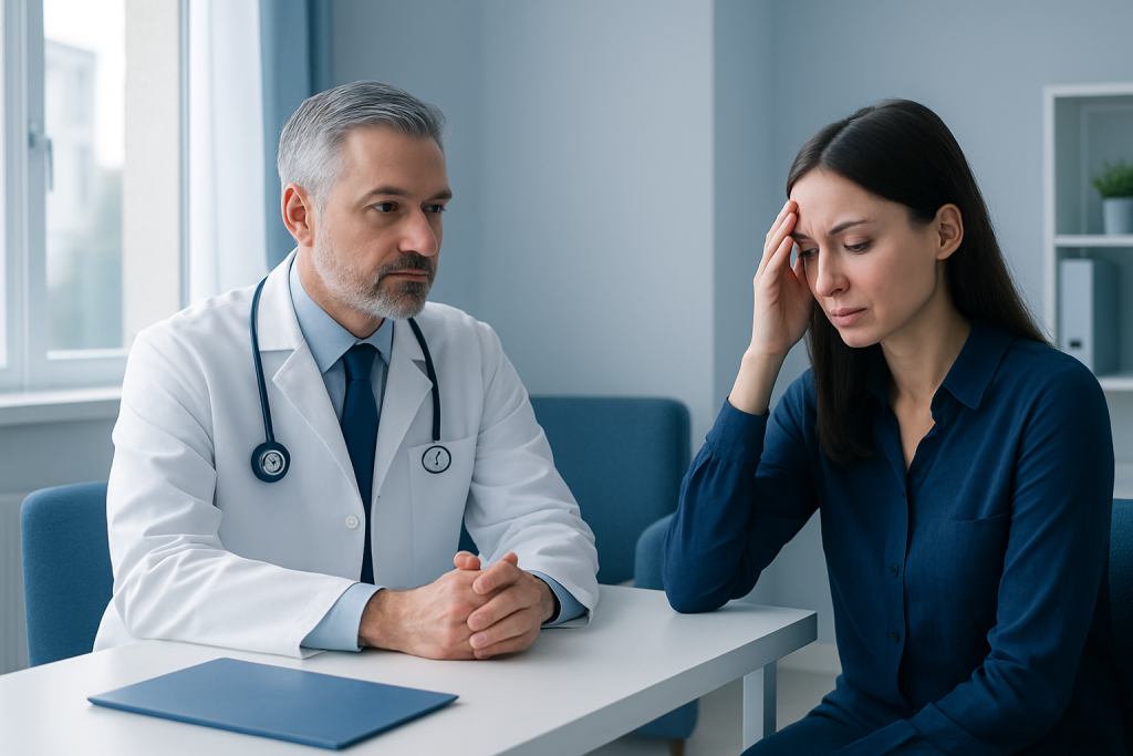 Doctor consulting with a woman patient in a medical office.