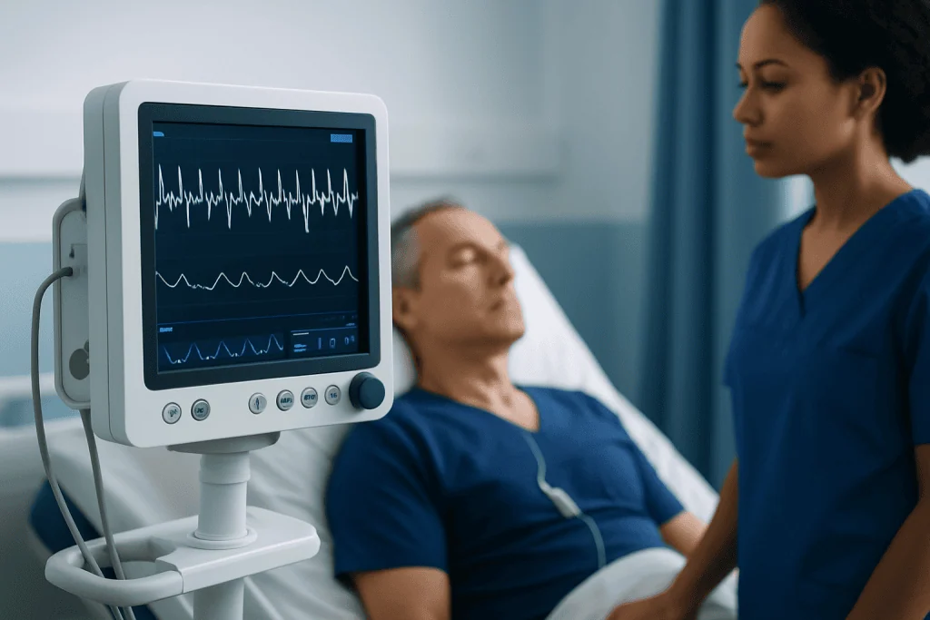 Patient monitored with ECG machine in hospital setting.