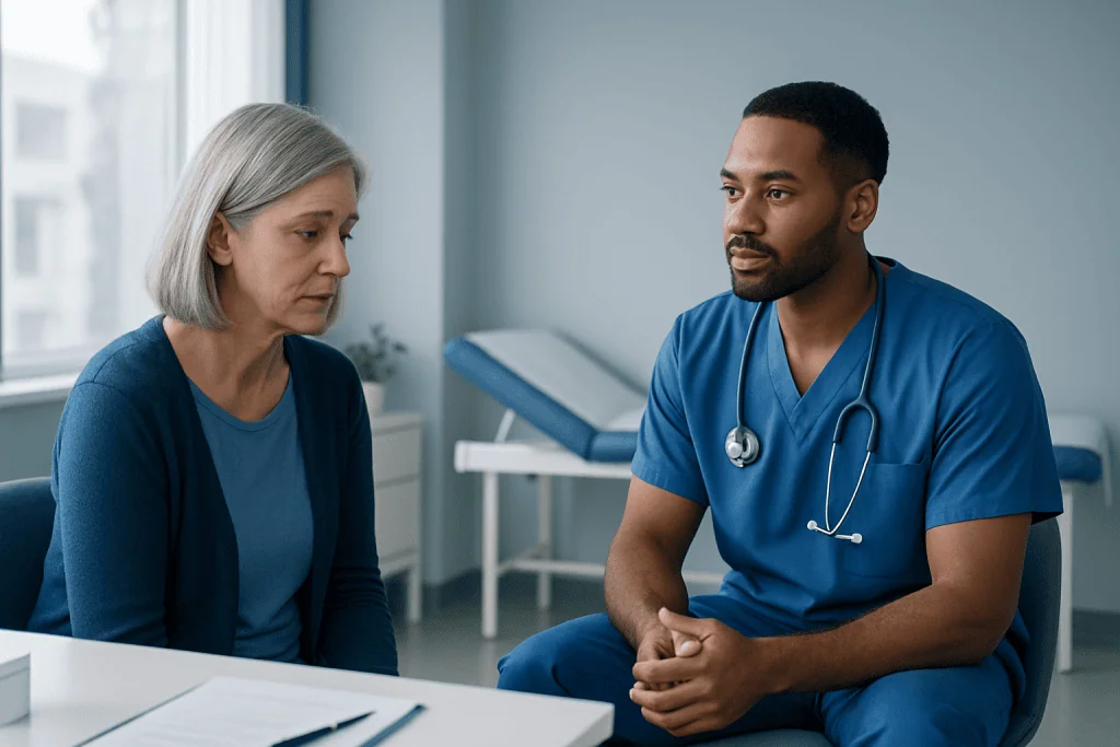 Doctor consulting with an elderly woman in a hospital room.