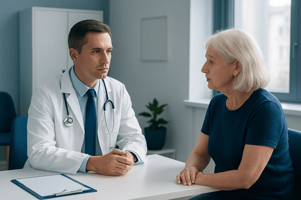 Doctor consulting with an elderly female patient in a medical office.