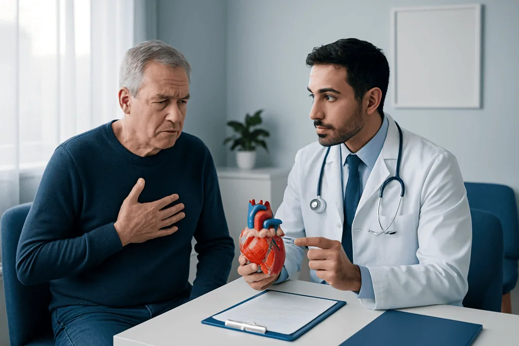 Doctor explaining heart model to patient in consultation room.
