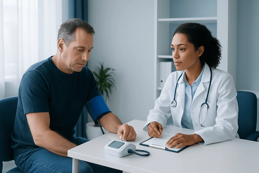 Doctor measuring patient's blood pressure in a clinical setting.
