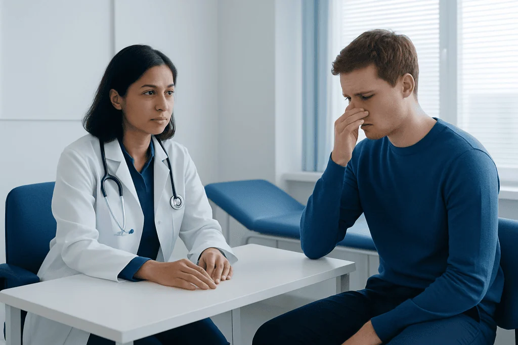 Doctor consulting with a young man experiencing nasal issues in a clinic.