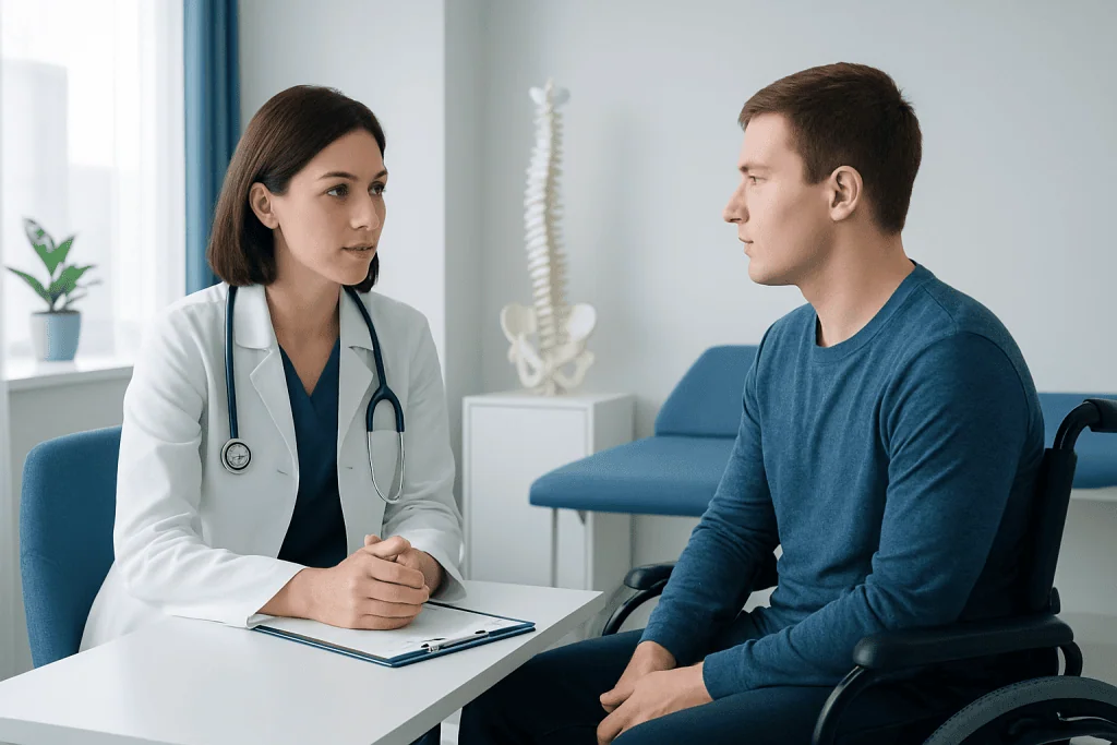Doctor consulting with a patient in a medical office setting.