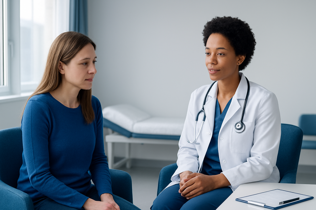 Female patient consulting with a doctor in a medical office.